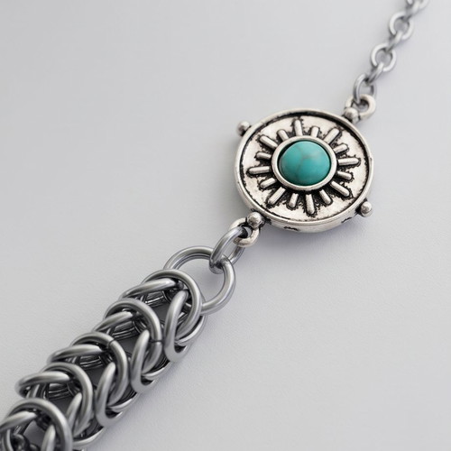 Steel necklace with boxmail chain and turquoise pendant, new