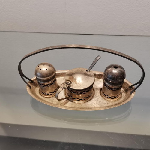English salt and pepper set of three used, silver plated