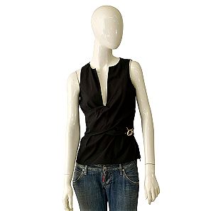 Gucci Black Cotton Tank Top Sleeveless with tie waist Blouse size 40