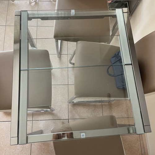 Glass dining table with 4 chairs used, extendable, beige leatherette