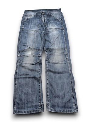 Vintage slim straight biker τζιν με 3D γόνατα, ιαπωνική μάρκα, μπλε