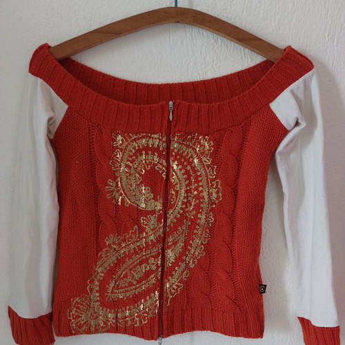 Cardigan used S/M orange knit with gold pattern