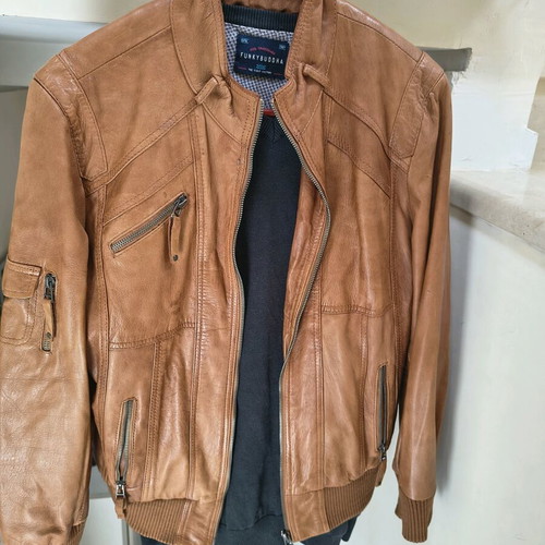 Leather jacket medium like new, beige and brown