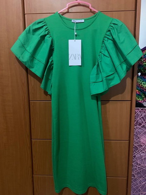 Zara short dress new, green, size small with asymmetric ruffle sleeves