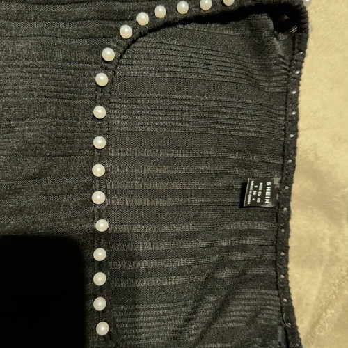 Shein black ribbed long-sleeve top with pearls and square neckline size S