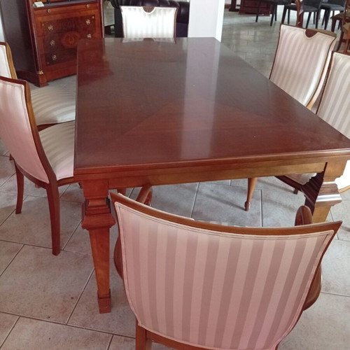 Dining table with six chairs new, one chair fabric needs replacement