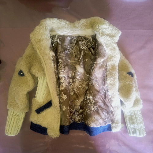 Children's mouton fur jacket new, leather and denim, ages 2 to 4, beige