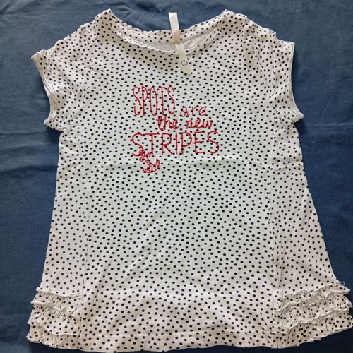 Mayoral short-sleeve children's blouse white with dark polka dots and ruffles size 7y/122cm like new