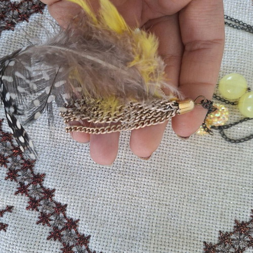Long necklace new with feathers and yellow beads