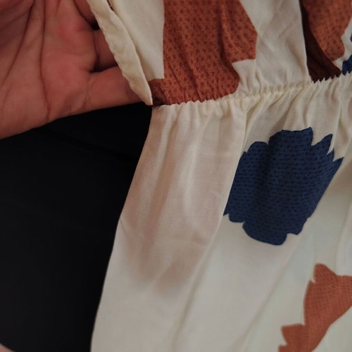 Shoko long summer dress with archaeological pattern, beige and blue