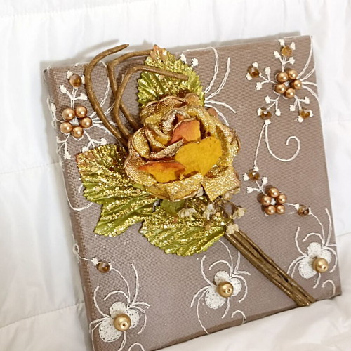 Handmade canvas wall art with flower, gold-beige-brown-orange-green shades