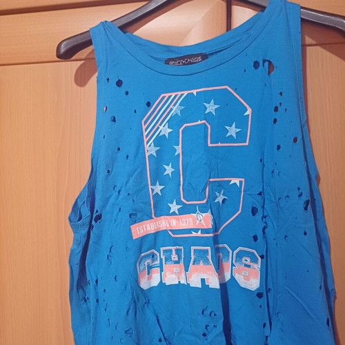 Peace and Chaos top like new, blue multicolor with design holes
