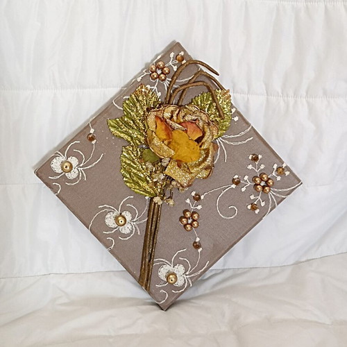 Handmade canvas wall art with flower, gold-beige-brown-orange-green shades