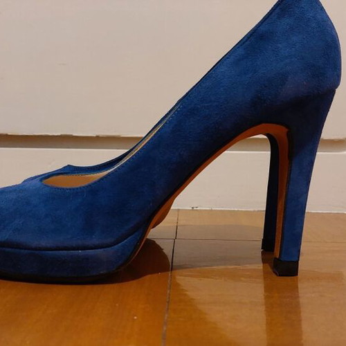 Michele Lopriore peep toe blue suede shoe, new, 10cm heel