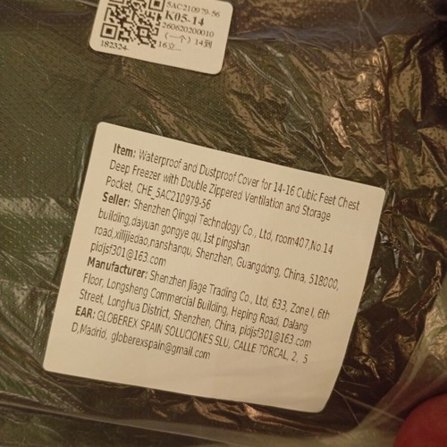 Waterproof cover for large outdoor freezers, zipper closure