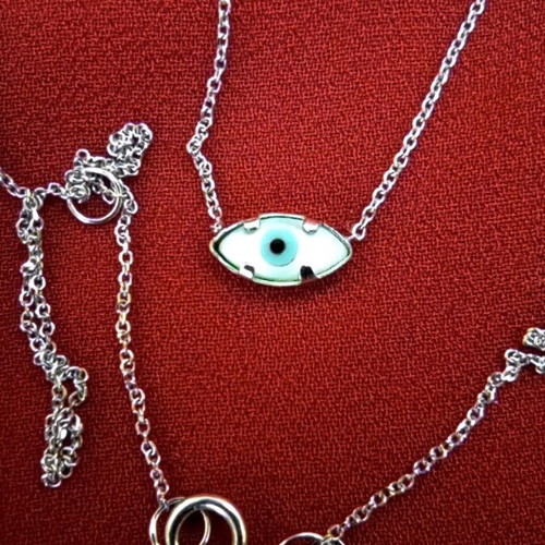 Gold necklace 375 with mother of pearl evil eye and side minimalist cross 45cm like new