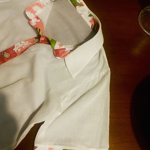 White semi-sheer shirt with floral trim, beachwear