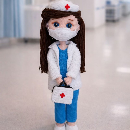 Knitted doctor doll new with medical accessories
