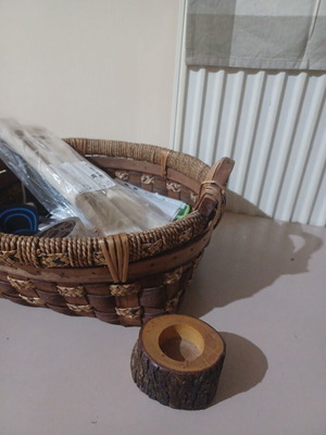 Basket and 2 wooden decorative items like new