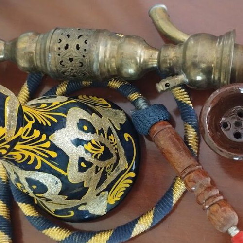 Hookah used 60cm with glass base, brass and wood