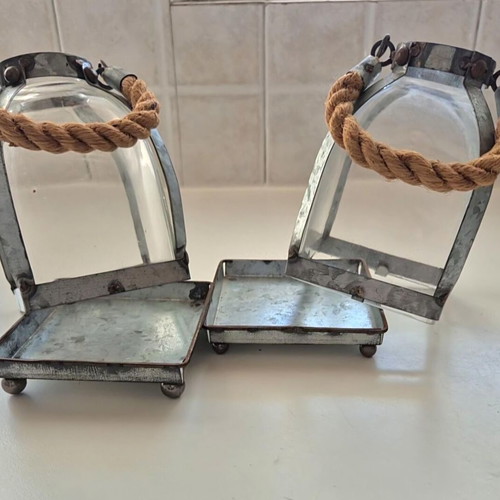 Two lanterns galvanized metal with rope, like new, 10x10cm