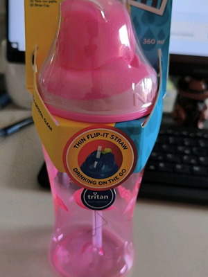 Nuby Flip-it παιδικό παγούρι με καλαμάκι, 360ml, ροζ με φλαμίνγκο