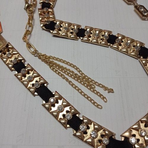 Women's chain belt used, adjustable, gold metal with black fabric and rhinestones