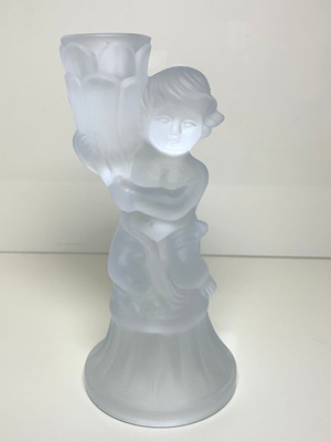 Glass candle holder used with child figure, matte vintage