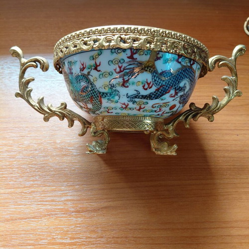 Vintage Chinese porcelain decorative bowl with brass base Qianlong style