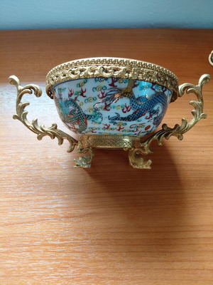 Vintage Chinese porcelain decorative bowl with brass base Qianlong style