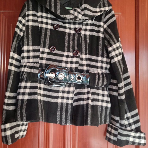 Actuel checked short coat unused with patent belt one size black white