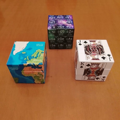 Rubik's Cubes new, set of 3 with world map, playing cards, chemical elements