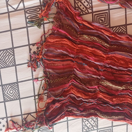 Boho women's scarf with pleated texture and embroidery