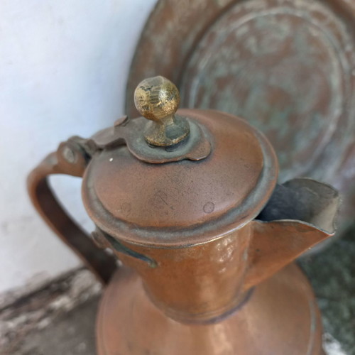 Copper jug and plate set used, old