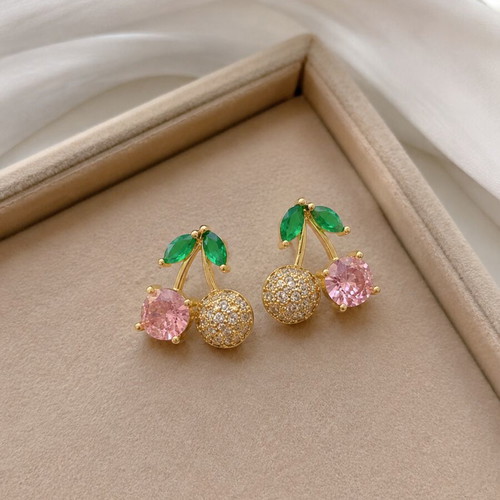 Cherry earrings with pink stone gold tone new