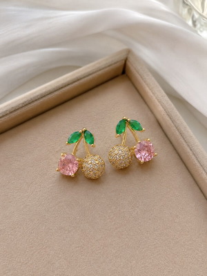 Cherry earrings with pink stone gold tone new