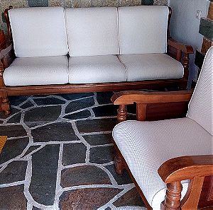 σαλονι μασίφ ρουστίκ καναπές κ 2 πολυθρόνες