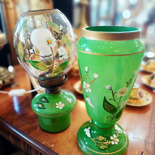 Vintage table lamp with green opaline base and floral bird motifs