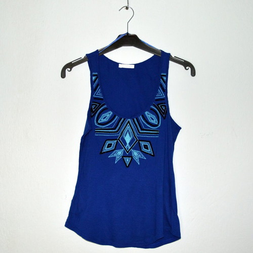 Blue sleeveless Promod top with geometric embroidery, size S
