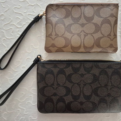 Coach wristlet pouch, beige coated canvas with leather trim