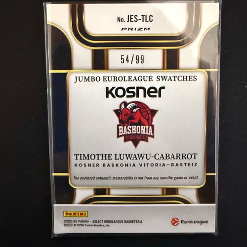 2025-26 Panini Select Euroleague Timothe Luwawu-Cabarrot Jumbo Patch new