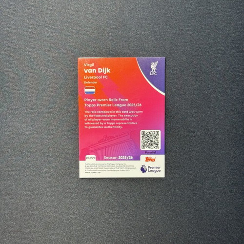 Virgil van Dijk 2025-26 Topps Premier League Premier Relics Purple Rainbow card used