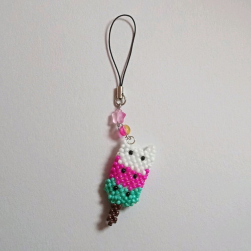 Beaded Dango Kitty keychain like new, pink multicolor
