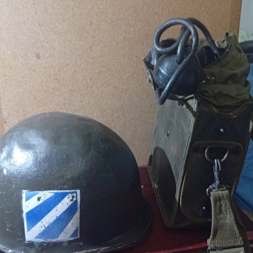 Helmet and vintage telephone used