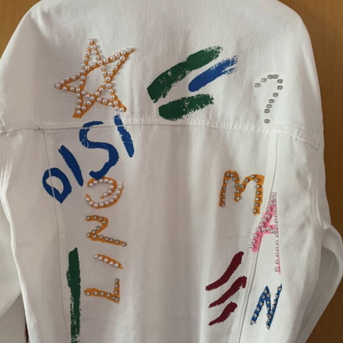 Rock denim jacket white with pearls and colorful details like new