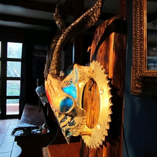 Table lamp handmade with carved goat skull and driftwood base