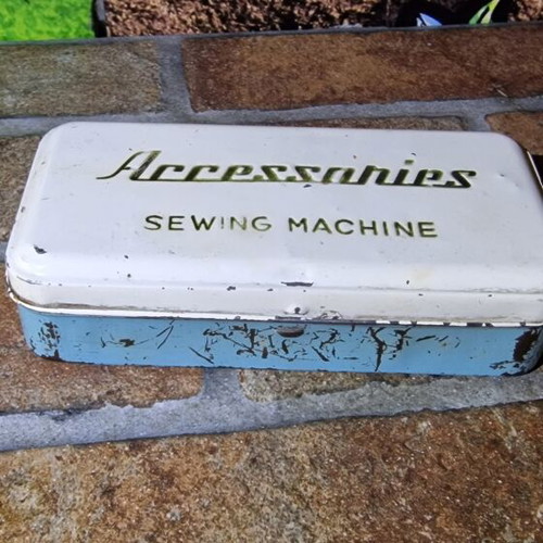 Sewing Machine Accessories Blue Metal Box Vintage Empty Tin Case used