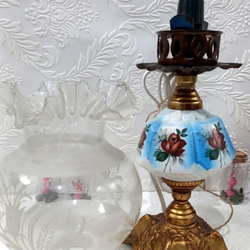 Vintage table lamp with glass chimney and carved brass base used