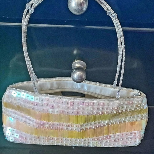 Evening bag used, shoulder type with beaded embroidery in white and gold