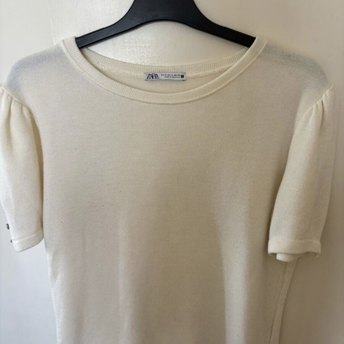Zara women's short-sleeve blouse with strass buttons new, medium, white